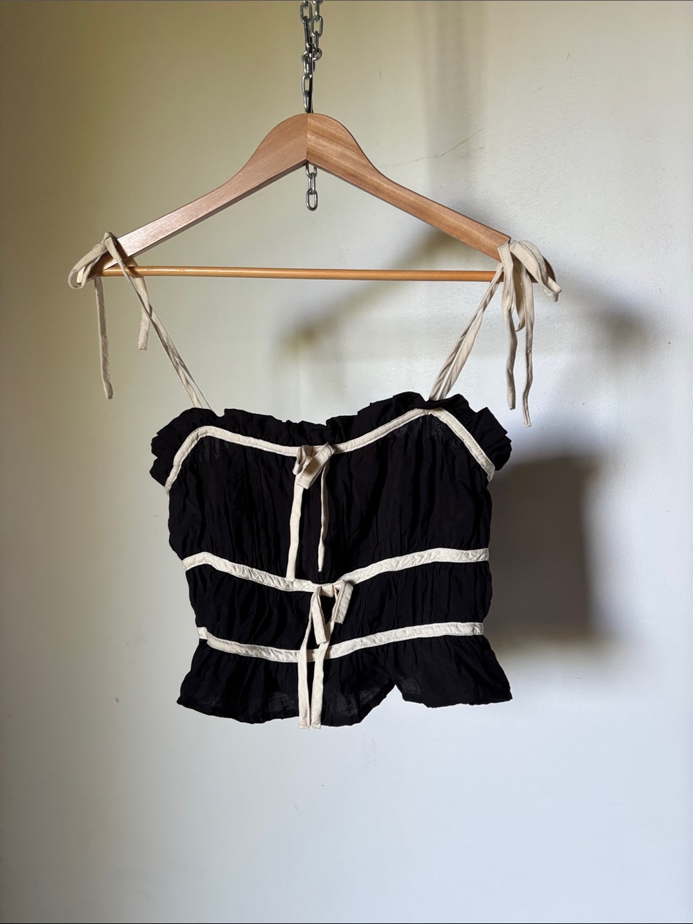 Thirty Thirty Shirred Ruffle Smocked Cami Top in Black & Ecru - Picture 3 of 8